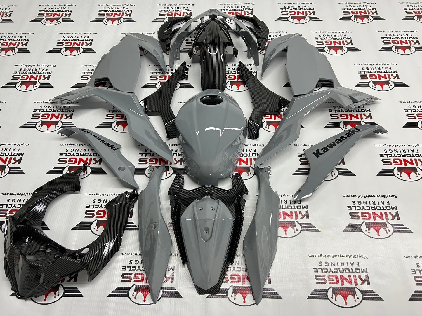Kawasaki Ninja 400 Fairings (2018-2023) Nardo Gray, Faux Carbon Fiber at KingsMotorcycleFairings.com