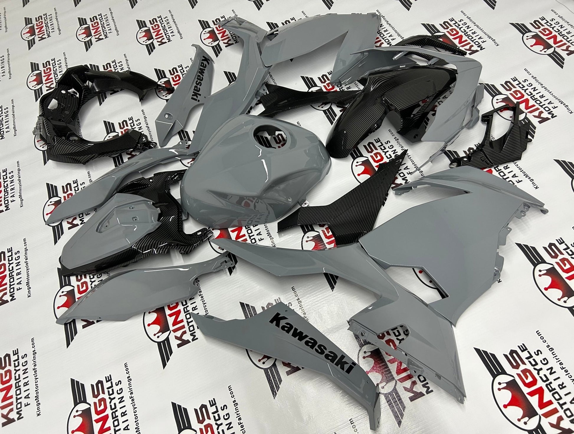 Kawasaki Ninja 400 Fairings (2018-2023) Nardo Gray, Faux Carbon Fiber at KingsMotorcycleFairings.com