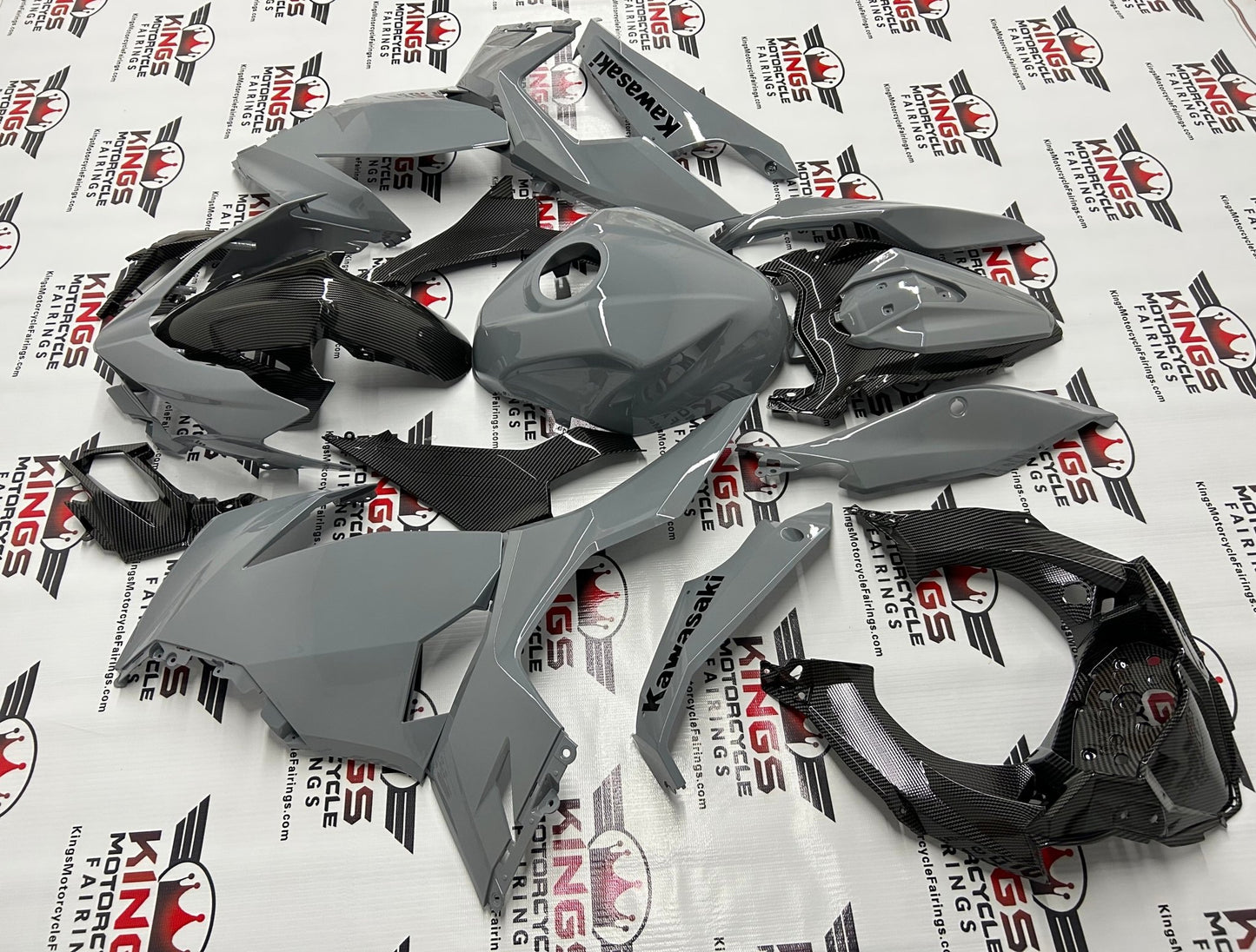Kawasaki Ninja 400 Fairings (2018-2023) Nardo Gray, Faux Carbon Fiber at KingsMotorcycleFairings.com
