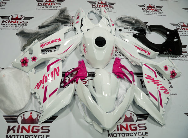 Fairing kit for a Kawasaki Ninja 400 (2018-2023) White & Pink Flowers at KingsMotorcycleFairings.com
