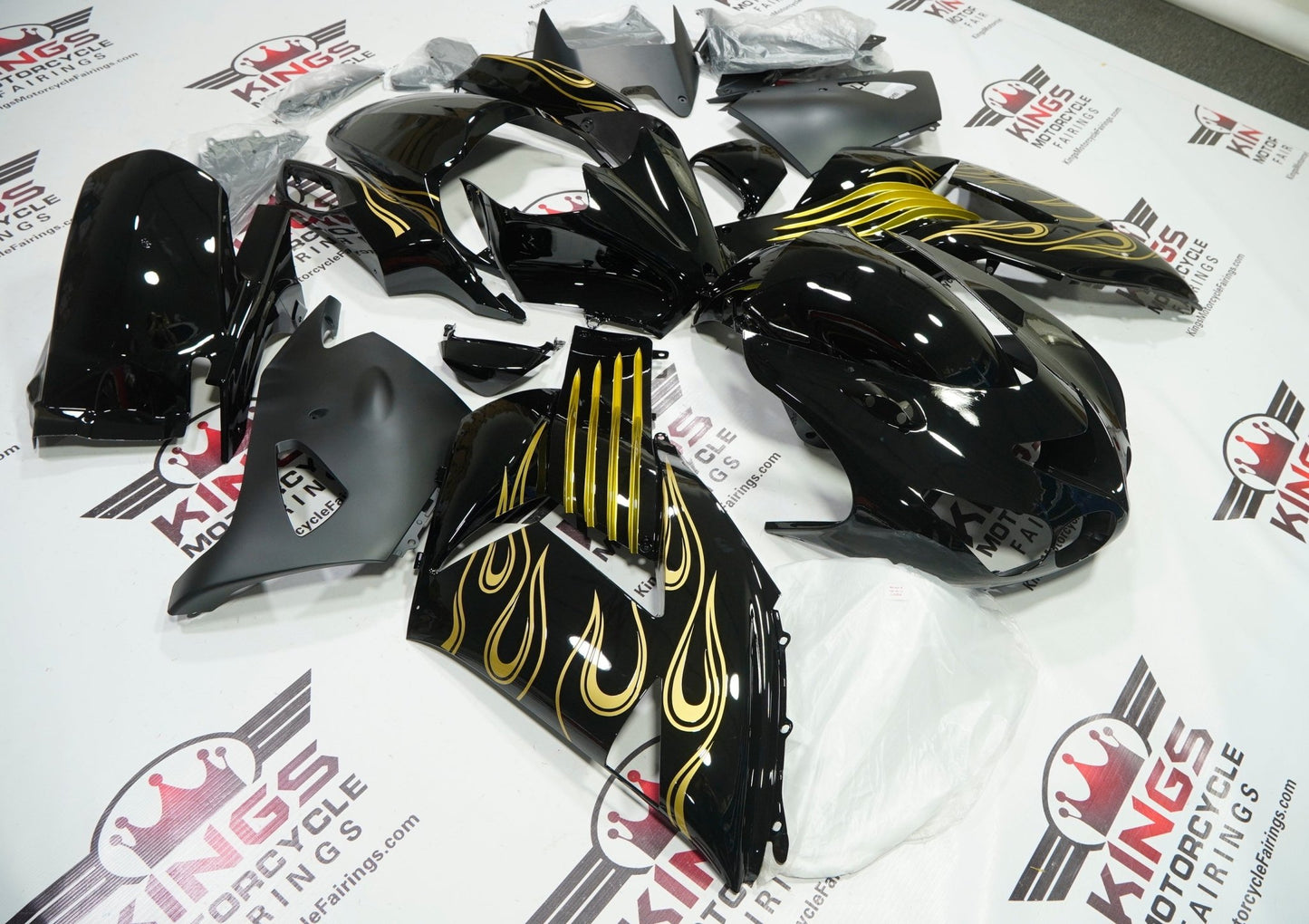 Fairing kit for a Kawasaki Ninja ZX14R (2006-2011) Black & Gold Flames at KingsMotorcycleFairings.com