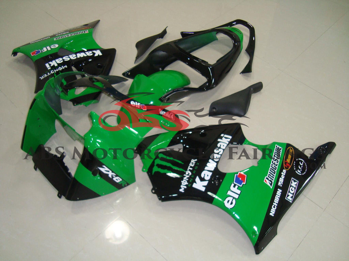 Fairing kit for a Kawasaki ZX6R 636 (2000-2002) Black, Green, White Monster at KingsMotorcycleFairings.com