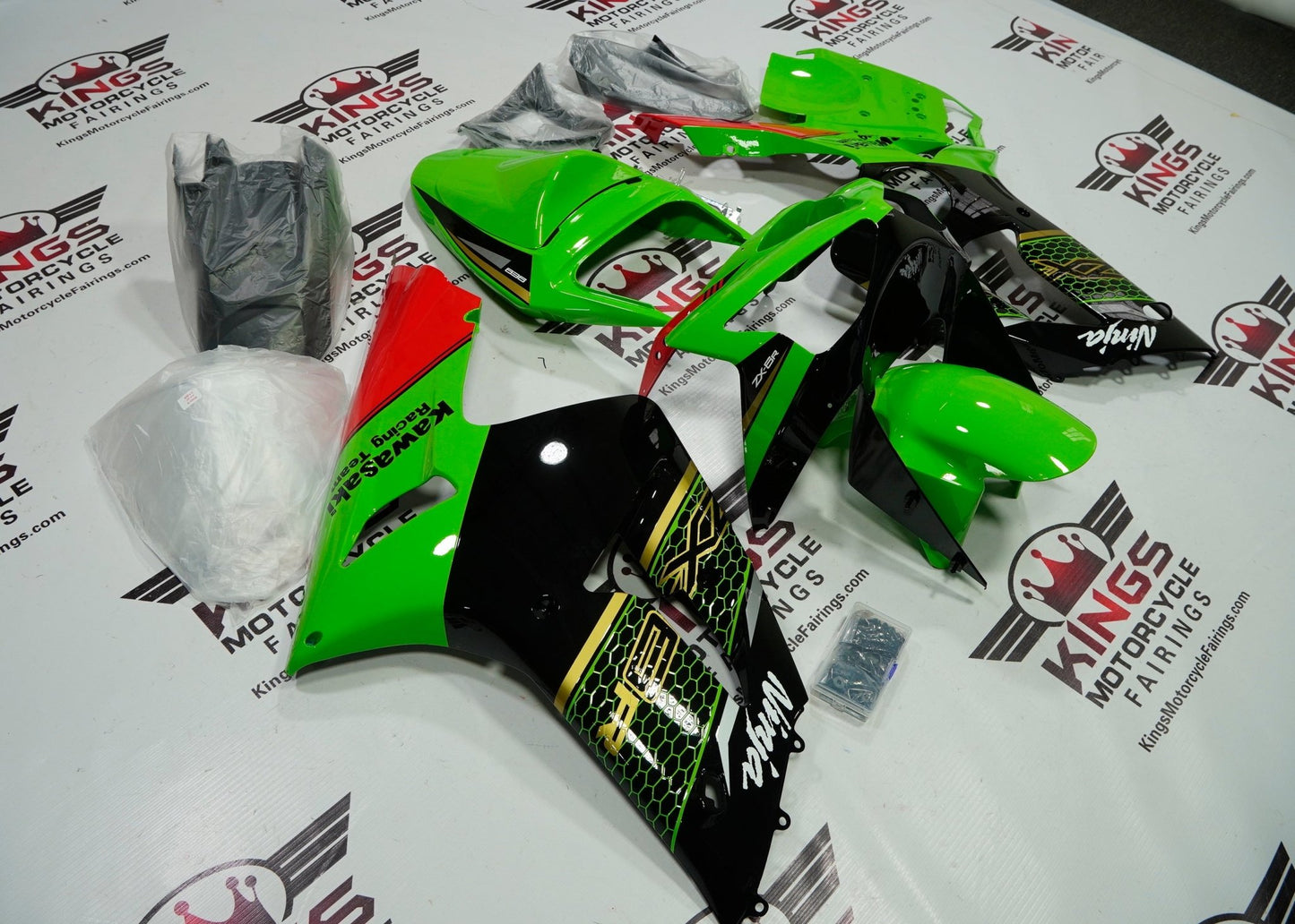 Fairing kit for a Kawasaki ZX6R 636 (2003-2004) Green, Gold, Black & Red at KingsMotorcycleFairings.com