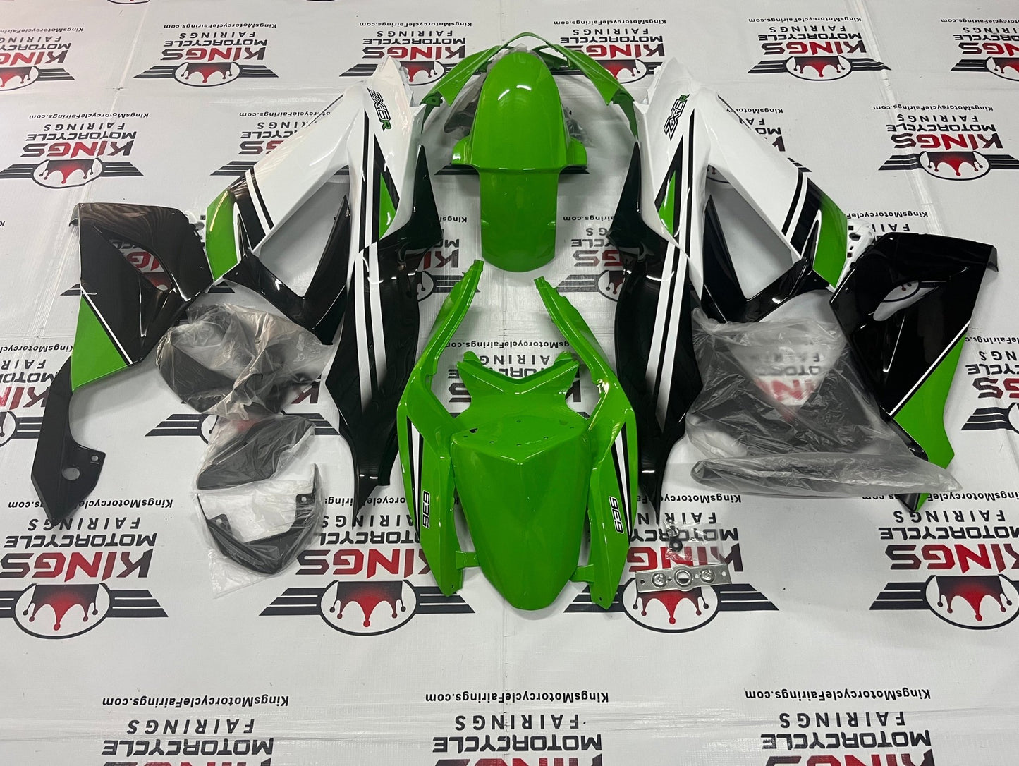 Fairing kit for a Kawasaki ZX6R 636 (2013-2018) White, Green & Black at KingsMotorcycleFairings.com