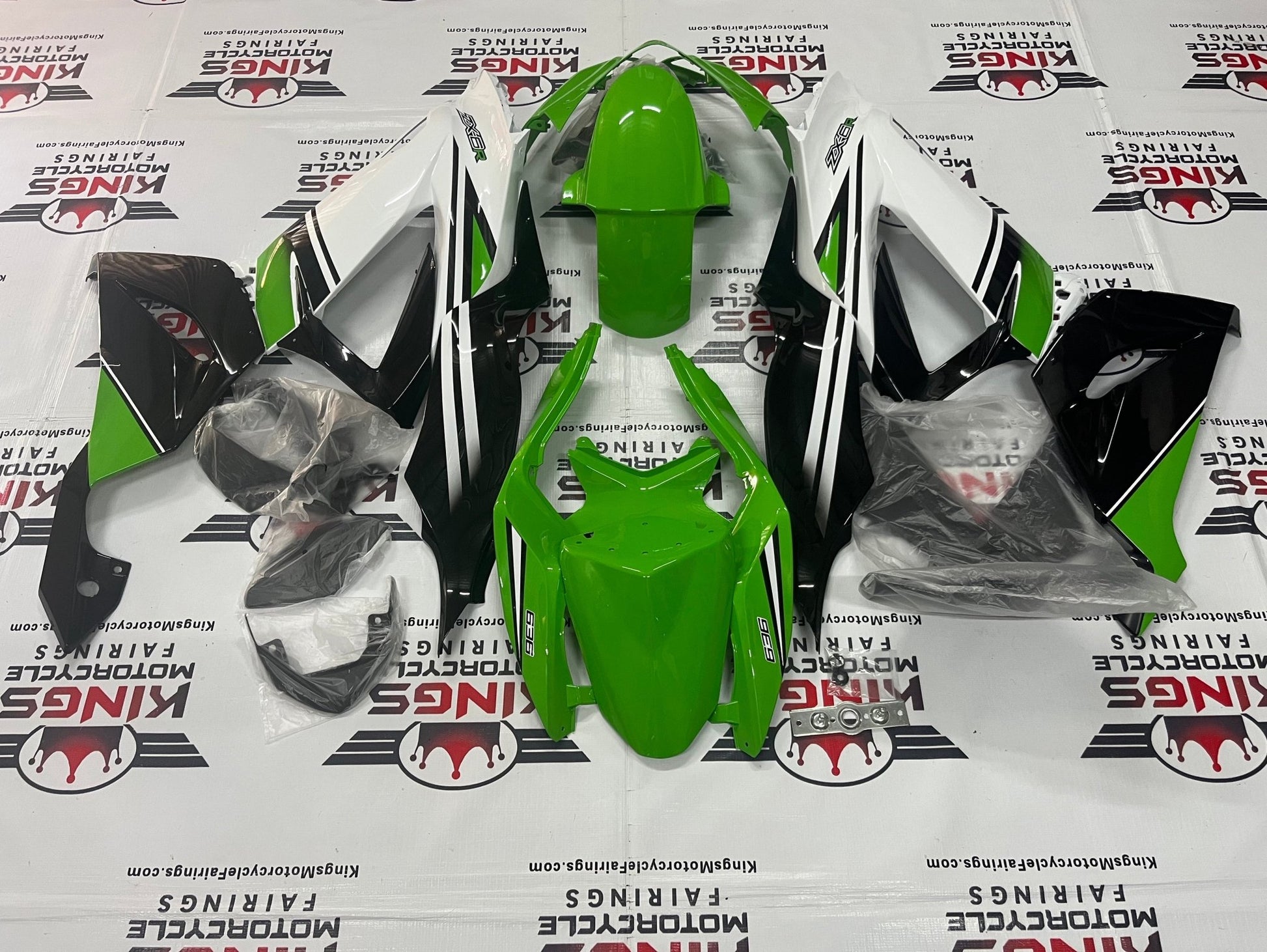 Fairing kit for a Kawasaki ZX6R 636 (2013-2018) White, Green & Black at KingsMotorcycleFairings.com