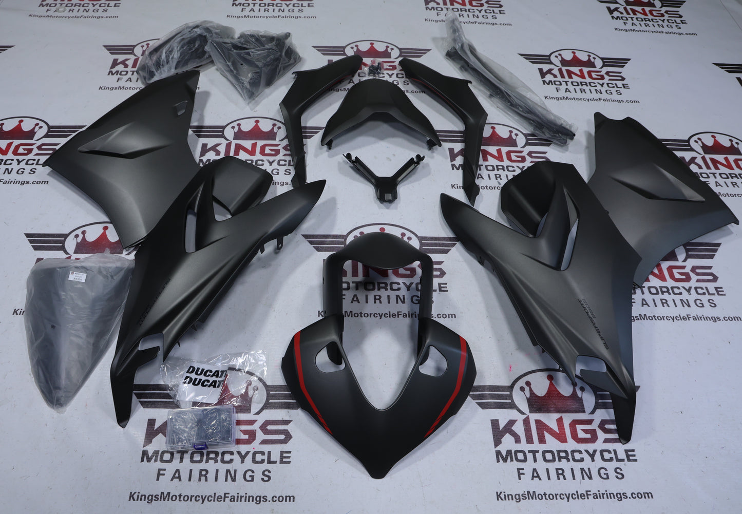 Fairings for Ducati Supersport 950 (2021-2024) Matte Black, Red Stripe from KingsMotorcycleFairings.com