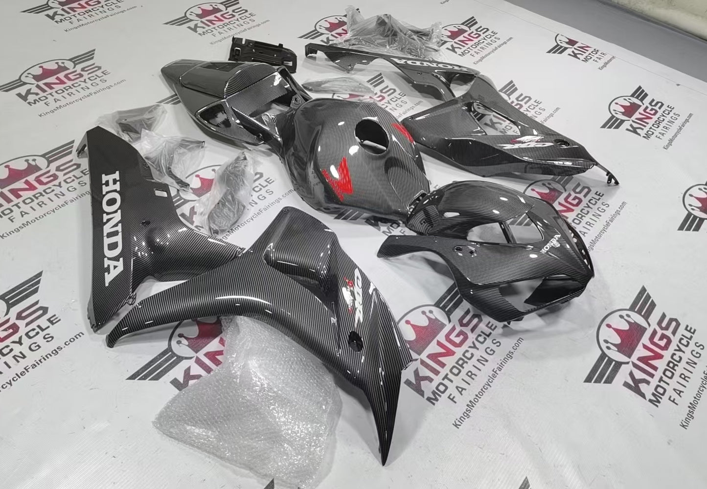 Fairings for Honda CBR1000RR (2006-2007) Faux Carbon Fiber, White, Red at KingsMotorcycleFairings.com