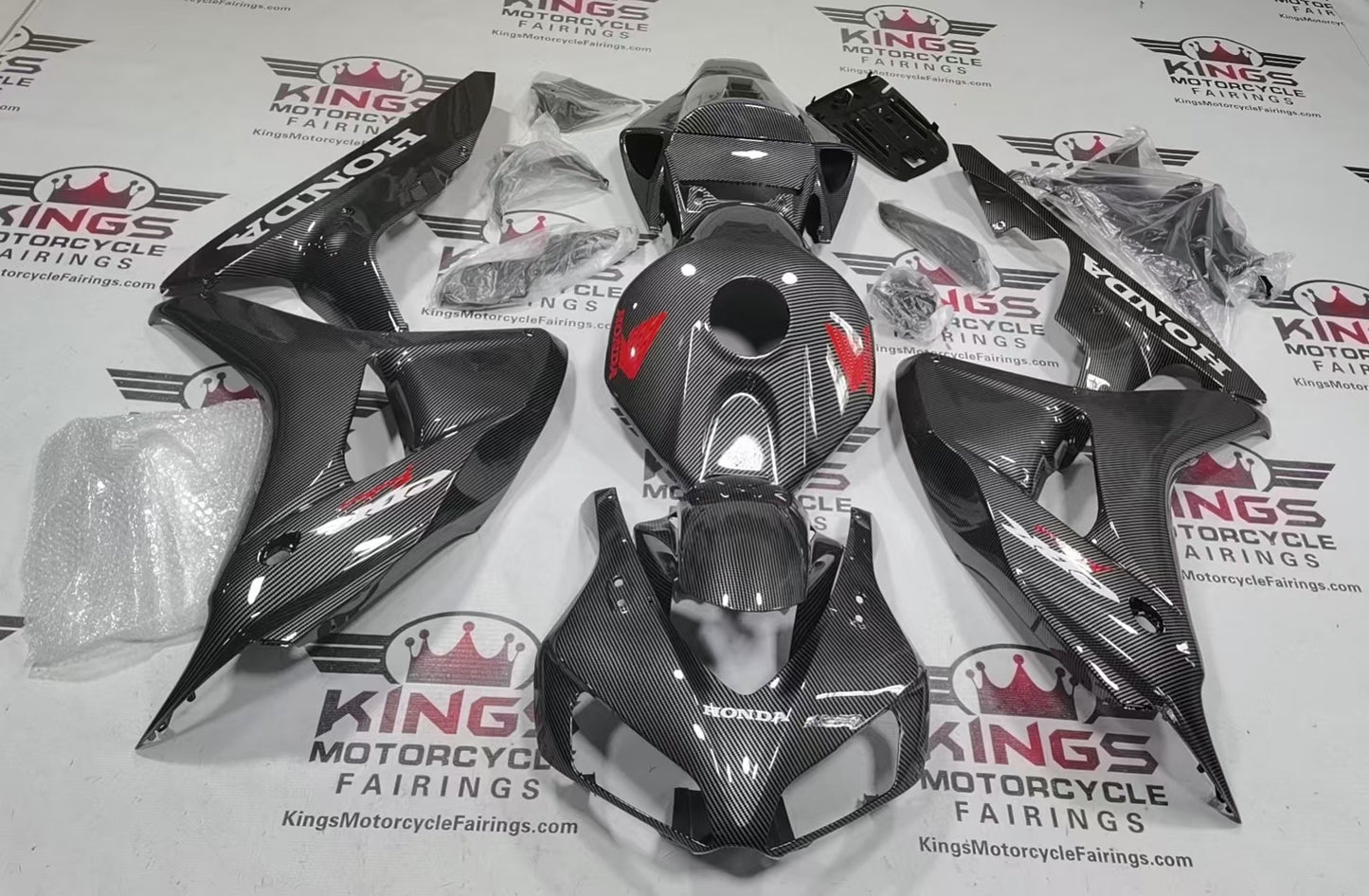 Fairings for Honda CBR1000RR (2006-2007) Faux Carbon Fiber, White, Red from KingsMotorcycleFairings.com
