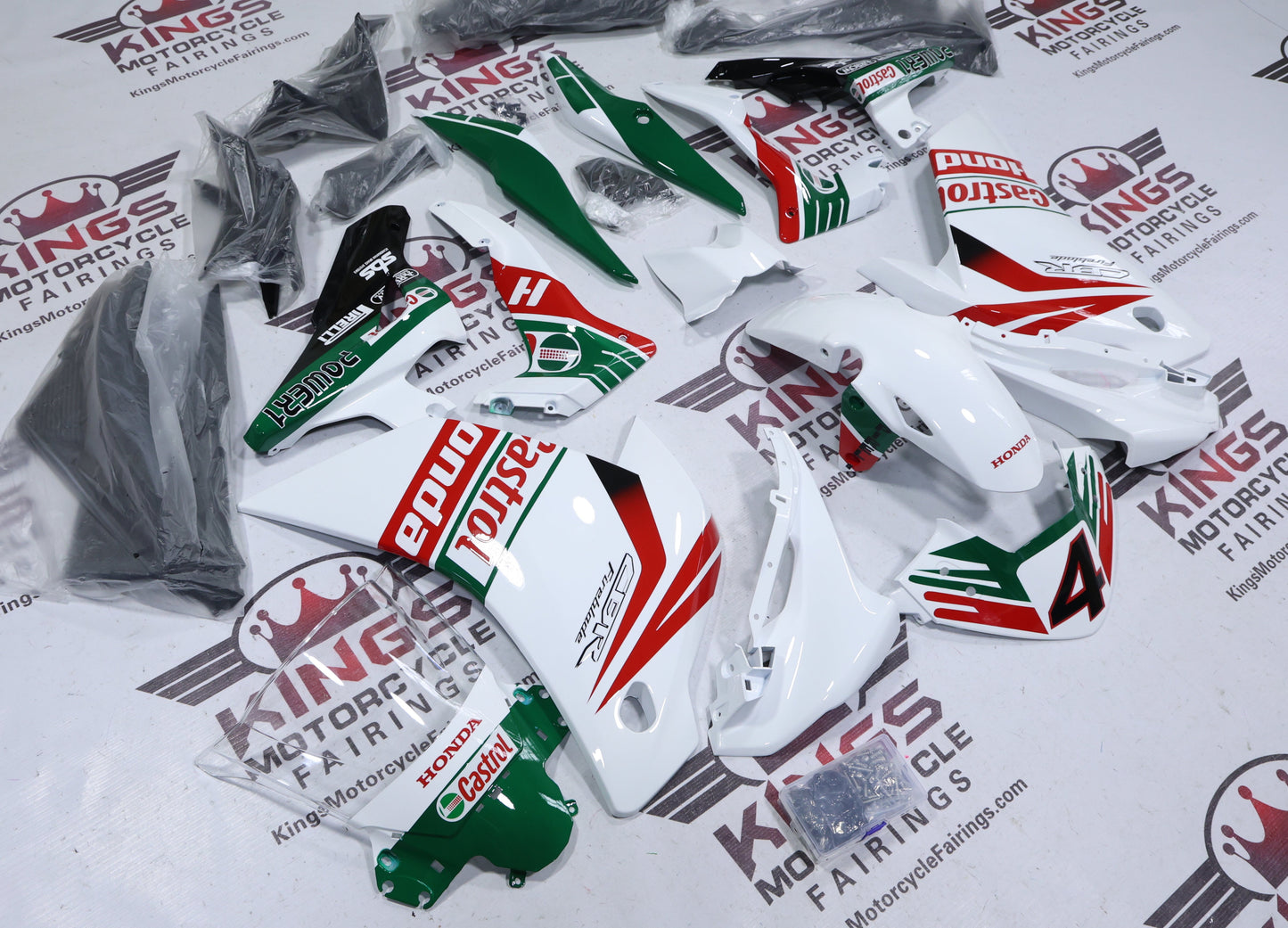 Fairings for Honda CBR250R (2011-2014) White, Red, Green Castrol #4 at KingsMotorcycleFairings.com