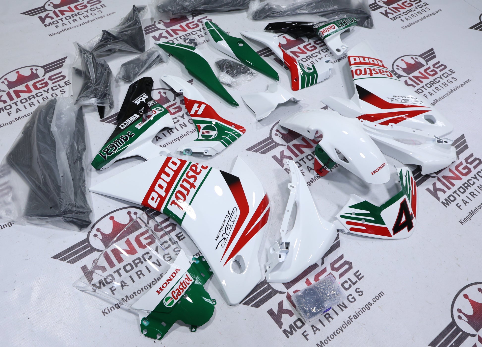 Fairings for Honda CBR250R (2011-2014) White, Red, Green Castrol #4 at KingsMotorcycleFairings.com