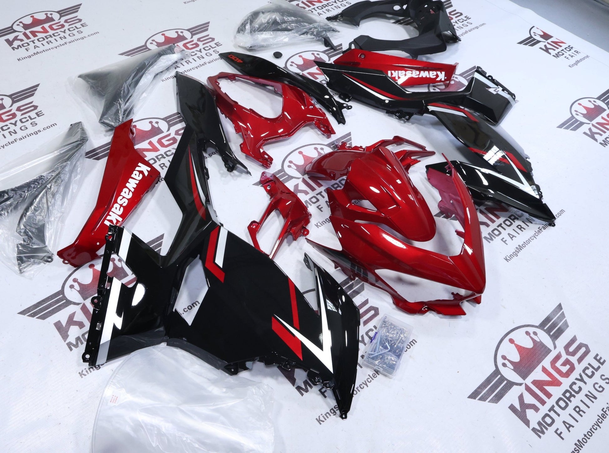 Fairings for Kawasaki Ninja 400 (2018-2023) Candy Red, Black, White at KingsMotorcycleFairings.com