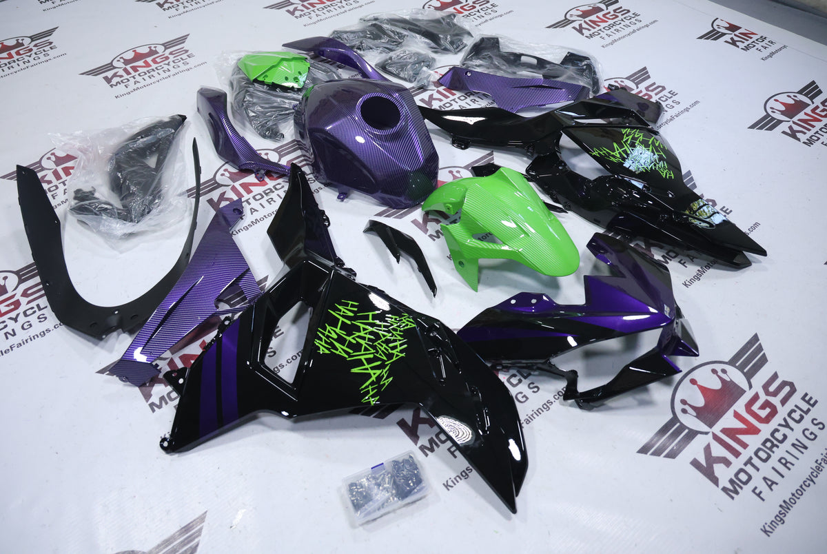 Fairings for Kawasaki Ninja 500 (2024-2025) Black, Faux Purple Carbon Fiber, Green Carbon Fiber, Purple Joker at KingsMotorcycleFairings.com