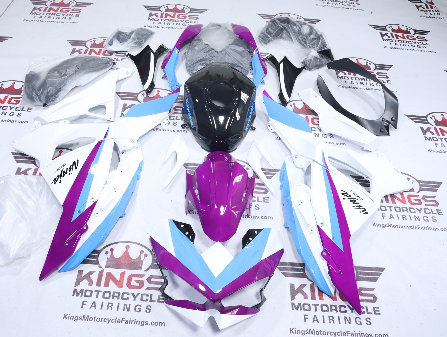 Fairings for Kawasaki Ninja 500 (2024-2025) White, Purple, Blue, Black from KingsMotorcycleFairings.com