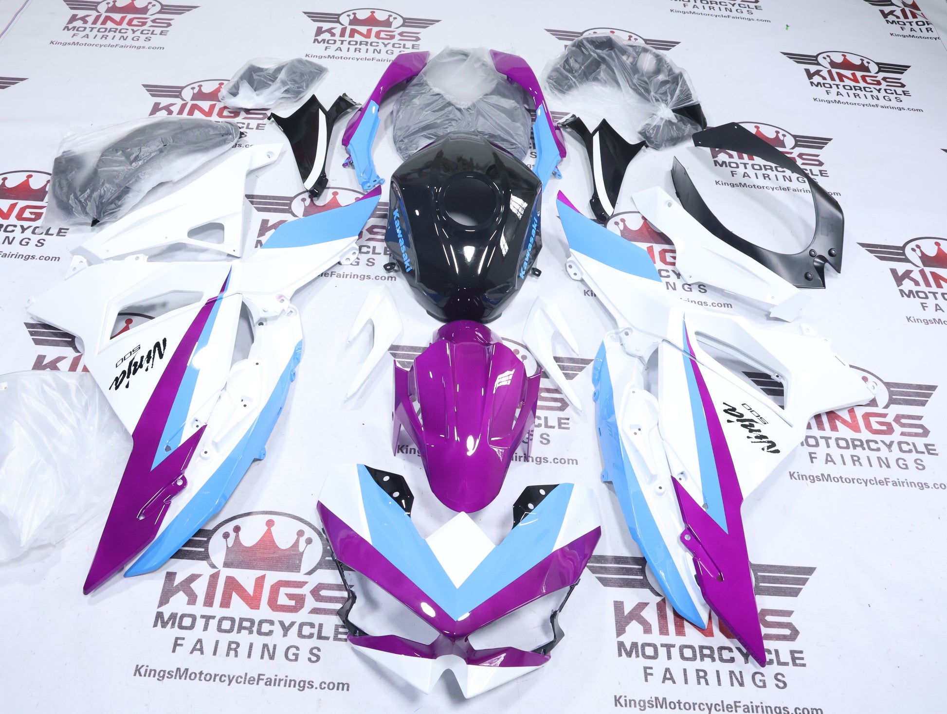 Fairings for Kawasaki Ninja 500 (2024-2025) White, Purple, Blue, Black from KingsMotorcycleFairings.com