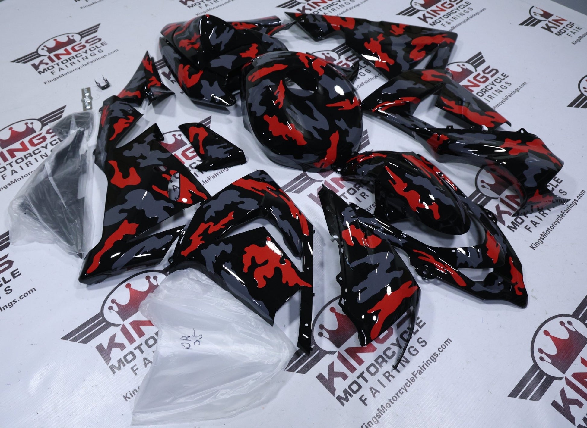 Fairings for Kawasaki Ninja ZX10R (2004-2005) Black, Red, Gray Camouflage at KingsMotorcycleFairings.com