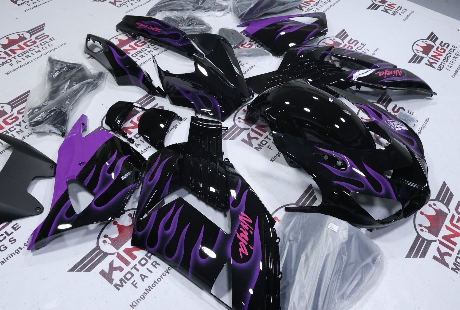 Fairings for Kawasaki Ninja ZX14R (2006-2011) Black, Purple Flames, Pink at KingsMotorcycleFairings.com