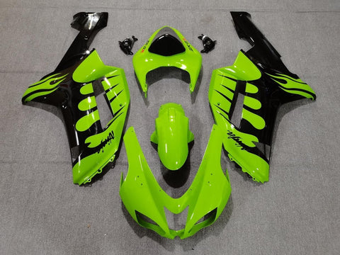 Fairings for Kawasaki Ninja ZX6R 636 (2007-2008) Lime Green, Black Flames at KingsMotorcycleFairings.com