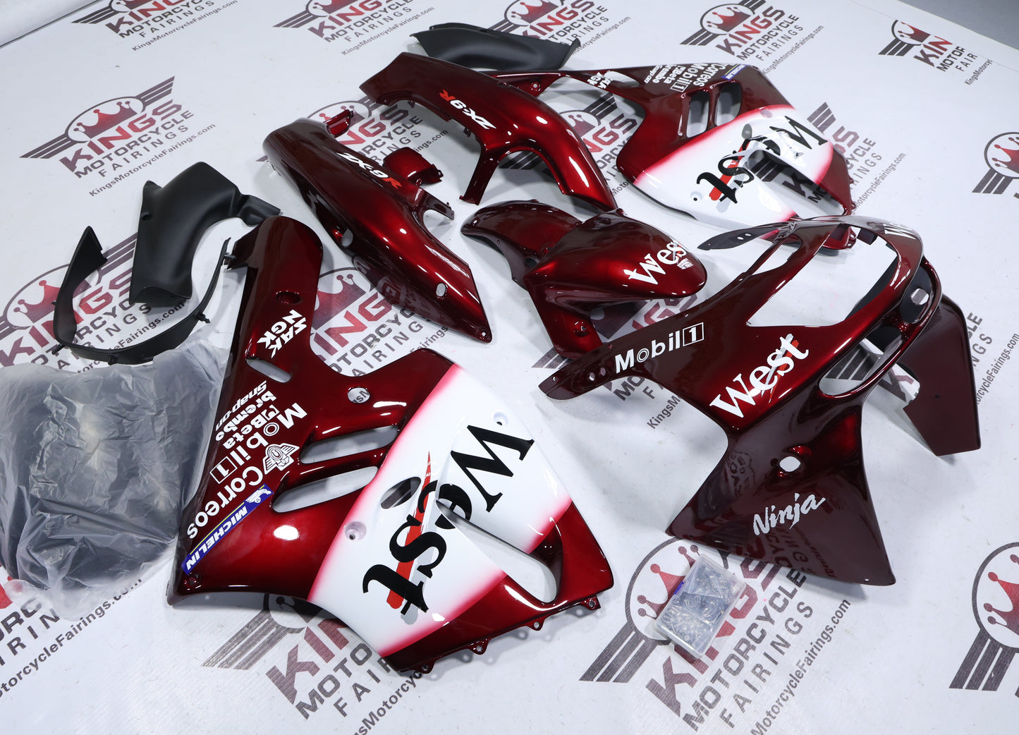 Fairings for Kawasaki ZX-9R (1994-1997) Maroon Red, White West from KingsMotorcycleFairings.com