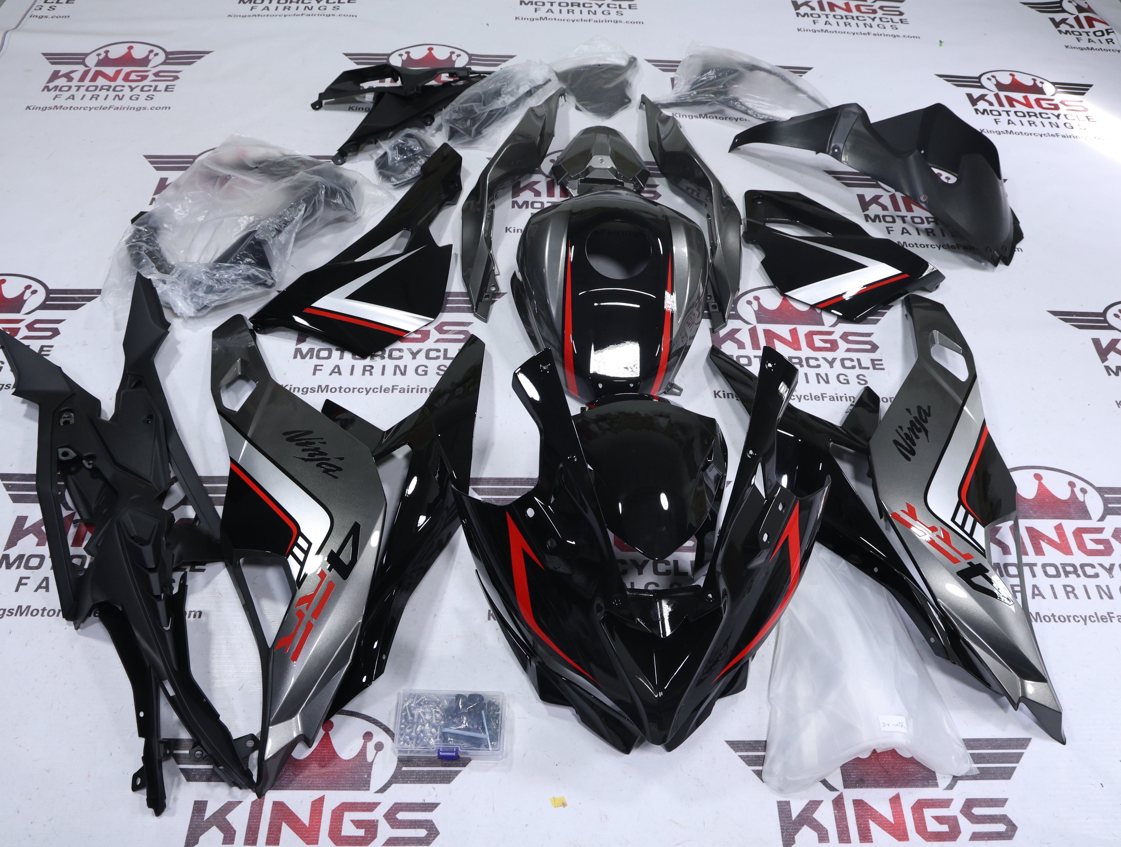 Fairings for Kawasaki ZX4RR (2019-2025) Black, Gray, Red Stripe at KingsMotorcycleFairings.com