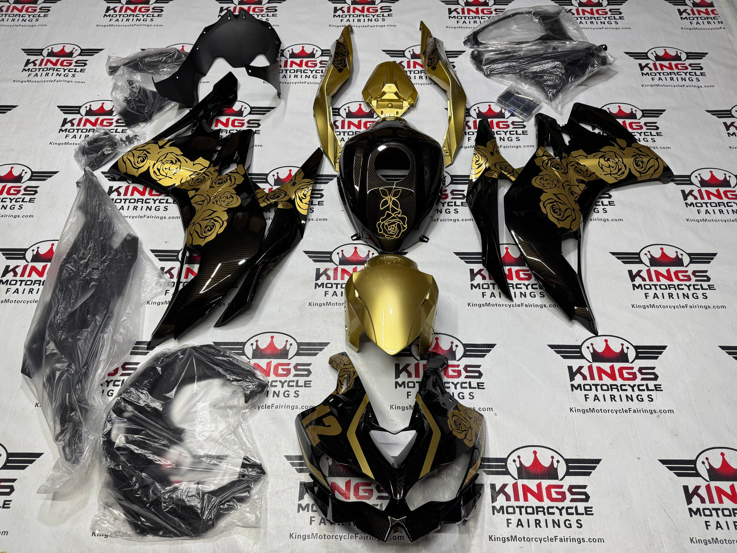 Fairings for Kawasaki ZX4RR (2019-2025) Faux Carbon Fiber, Gold Roses at KingsMotorcycleFairings.com