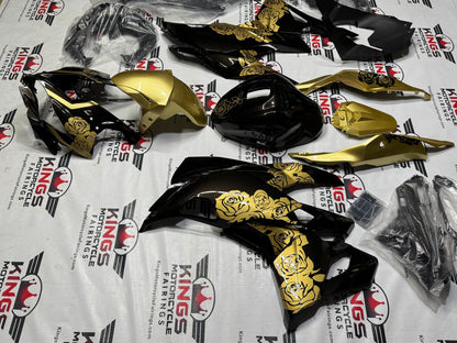 Fairings for Kawasaki ZX4RR (2019-2025) Faux Carbon Fiber, Gold Roses from KingsMotorcycleFairings.com