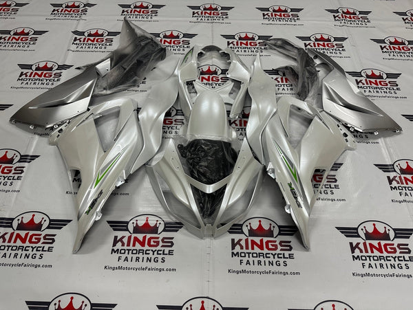 Fairings for Kawasaki ZX6R 636 (2013-2018) Pearl White, Silver & Green at KingsMotorcycleFairings.com