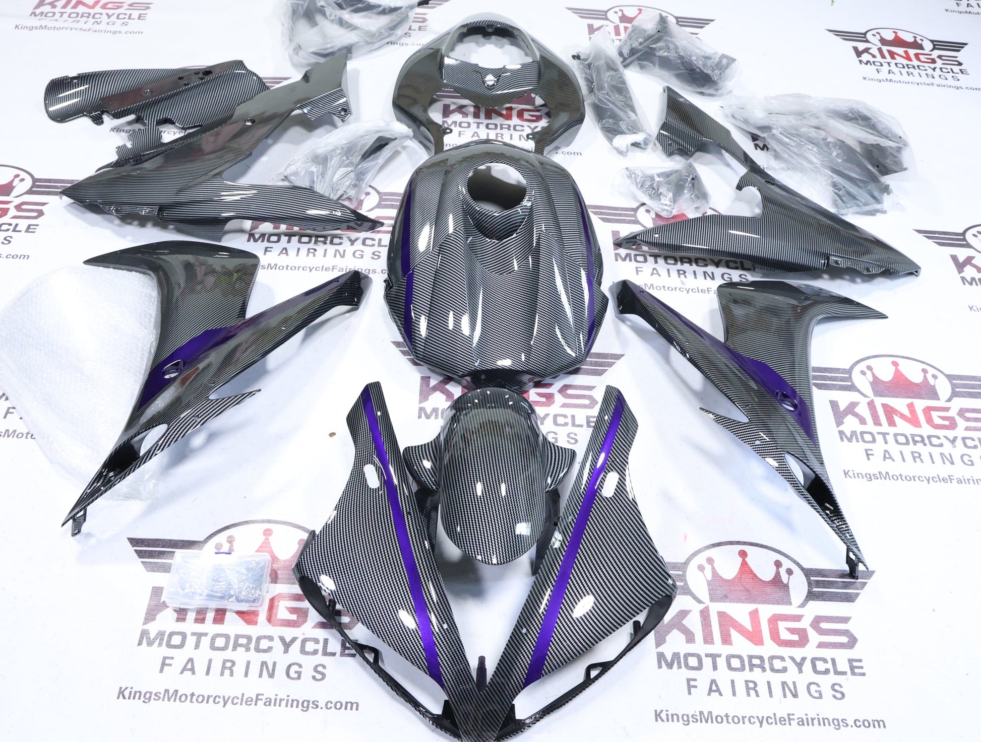 Fairings for Yamaha YZF-R1 (2004-2006) Faux Carbon Fiber, Purple Stripes from KingsMotorcycleFairings.com