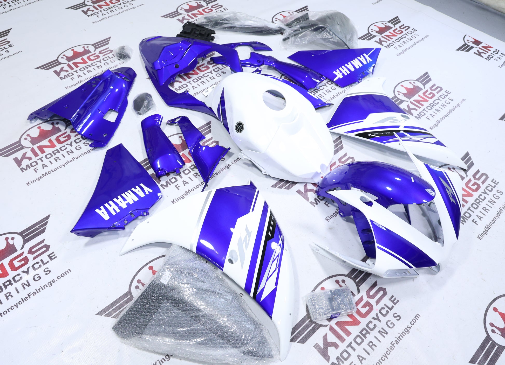Fairings for Yamaha YZF-R1 (2012-2014) White, Blue Stripe at KingsMotorcycleFairings.com