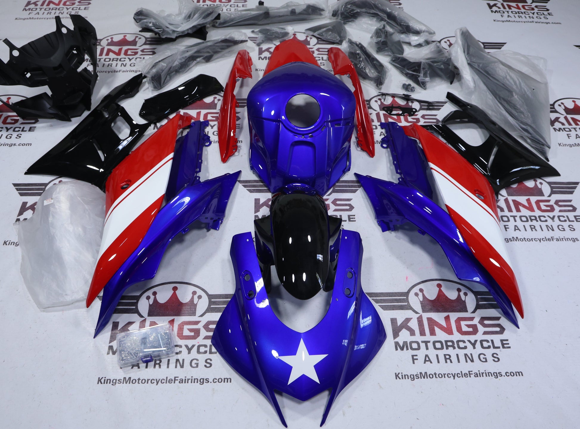 Fairings for Yamaha YZF-R3 (2019-2021) Blue, Red, Black, White Star at KingsMotorcycleFairings.com