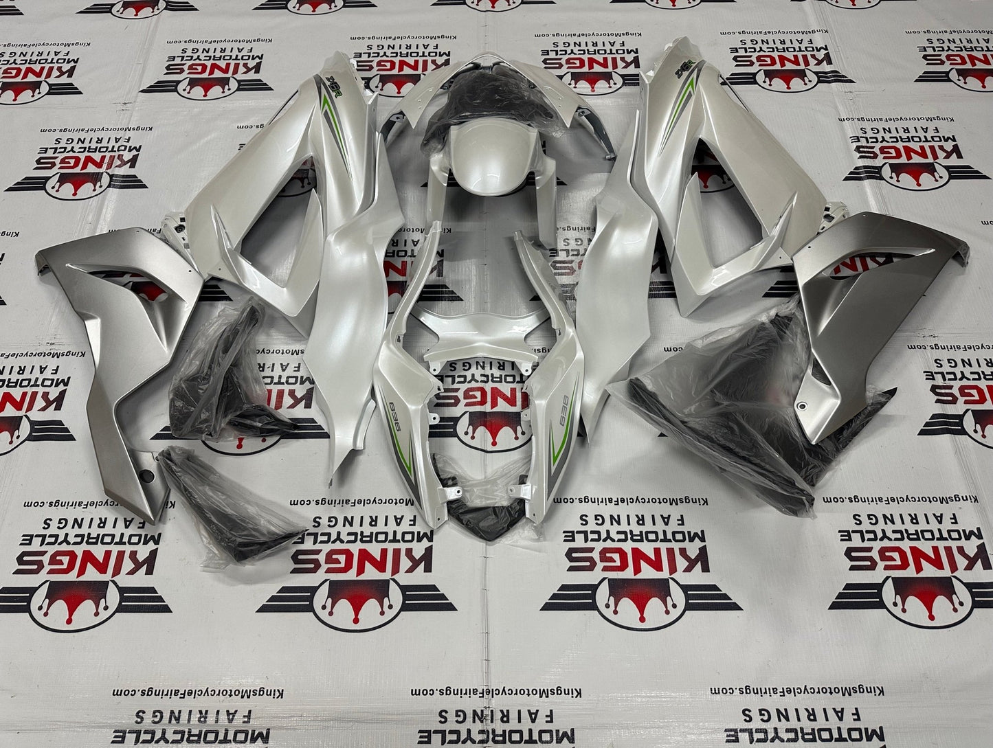 Fairings for Kawasaki ZX6R 636 (2013-2018) Pearl White, Silver & Green at KingsMotorcycleFairings.com