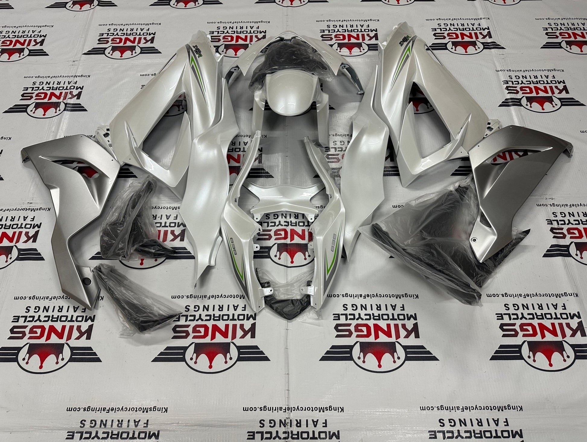 Fairings for Kawasaki ZX6R 636 (2013-2018) Pearl White, Silver & Green at KingsMotorcycleFairings.com