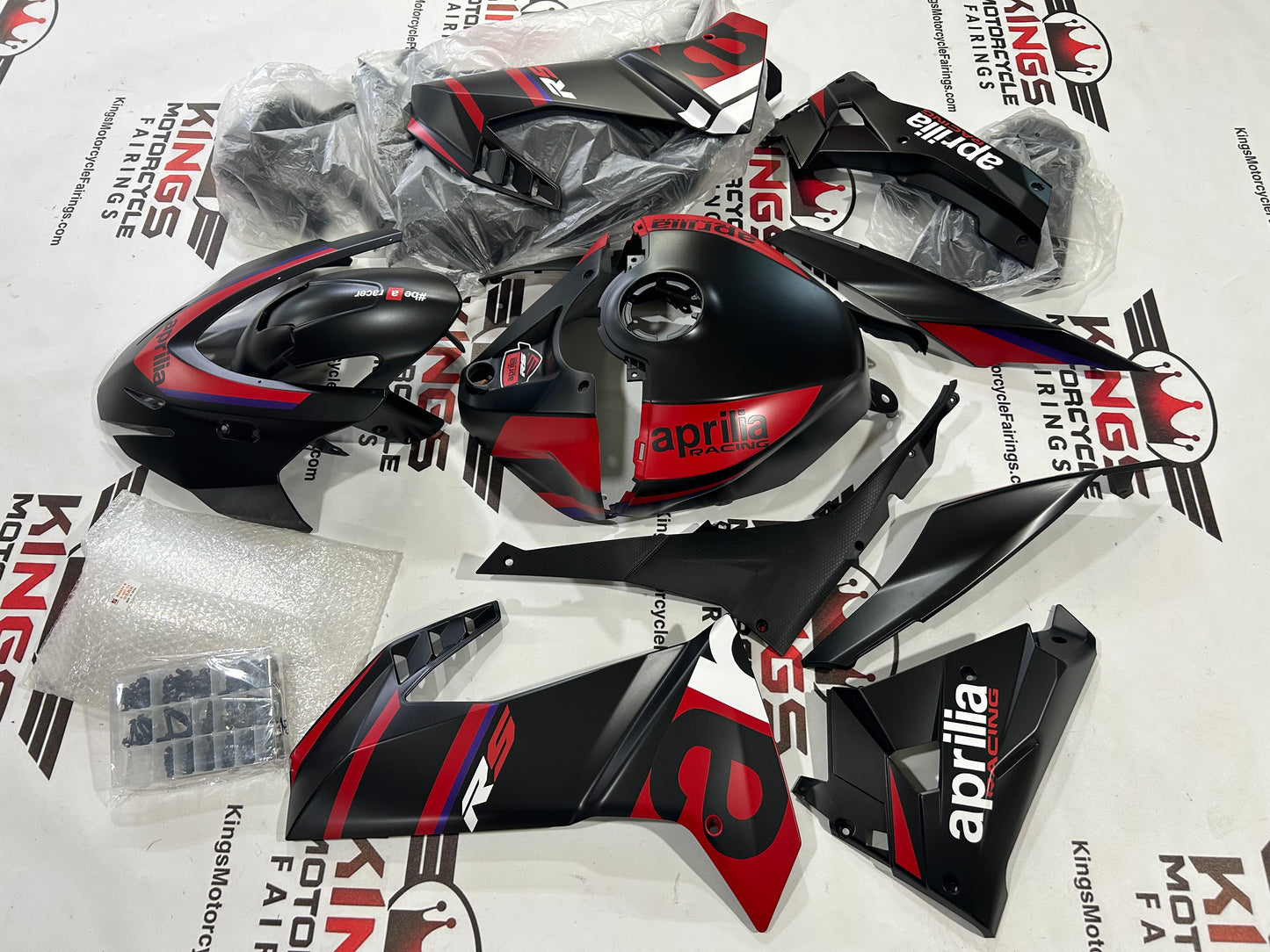 Fairings for Aprilia RS457 (2024-2025) Matte Black, Matte Red at KingsMotorcycleFairings.com