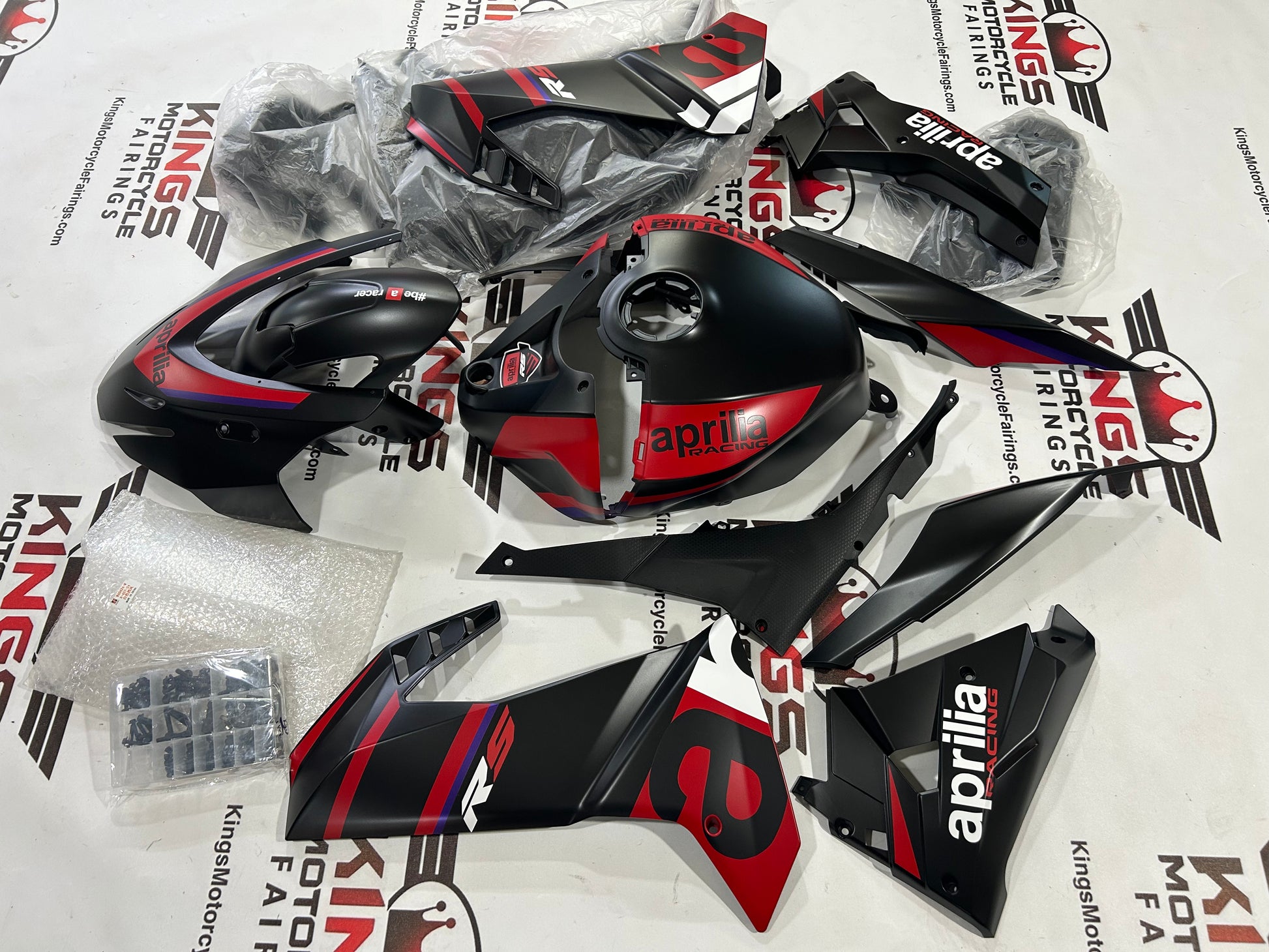 Fairings for Aprilia RS457 (2024-2025) Matte Black, Matte Red at KingsMotorcycleFairings.com
