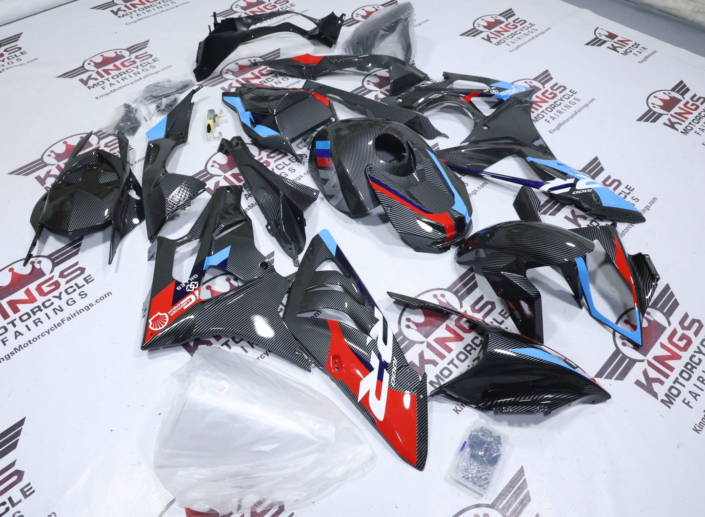Fairings for BMW S1000RR (2009-2014) Faux Carbon Fiber, Red, Blue from KingsMotorcycleFairings.com