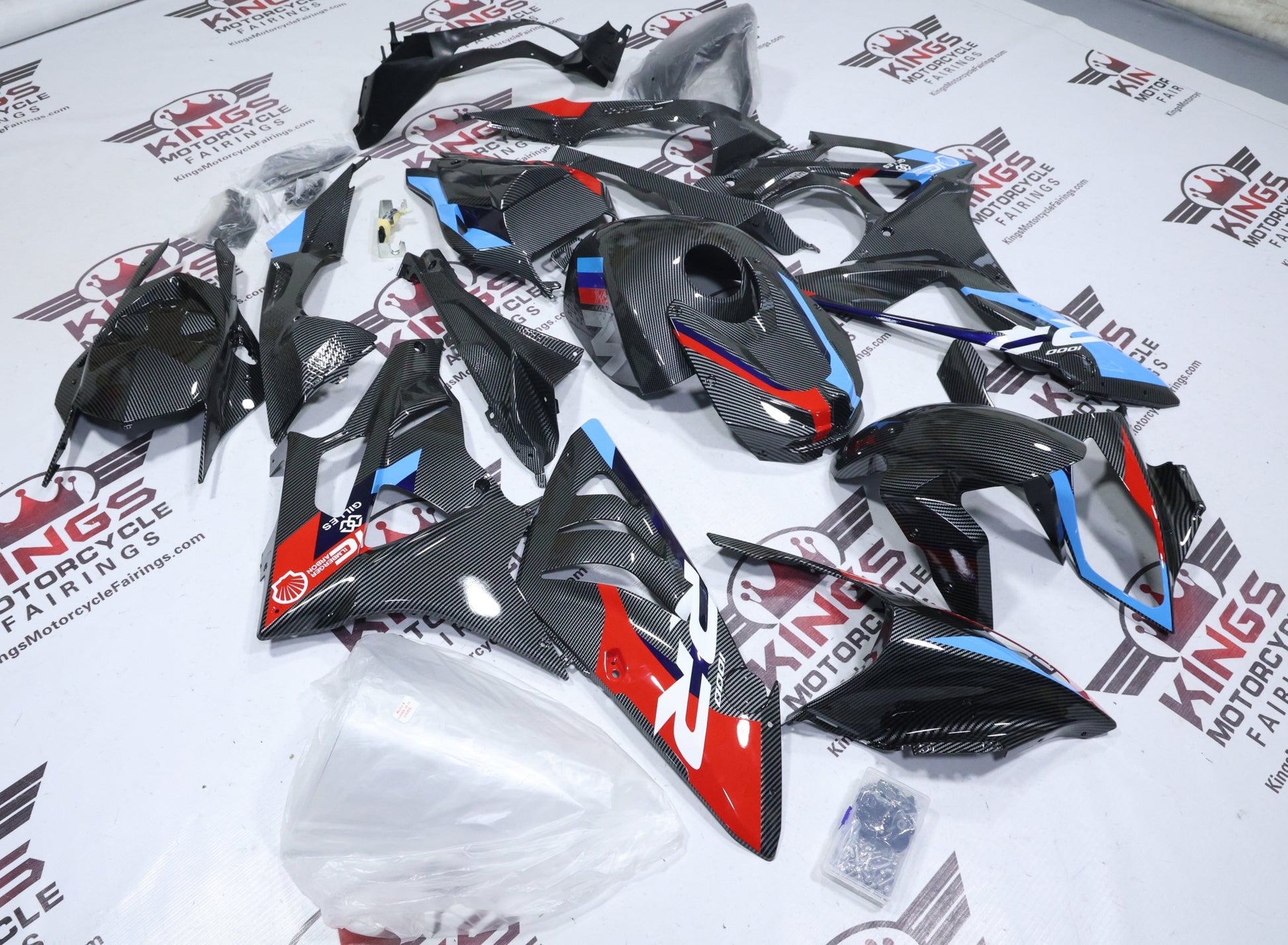 Fairings for BMW S1000RR (2009-2014) Faux Carbon Fiber, Red, Blue from KingsMotorcycleFairings.com
