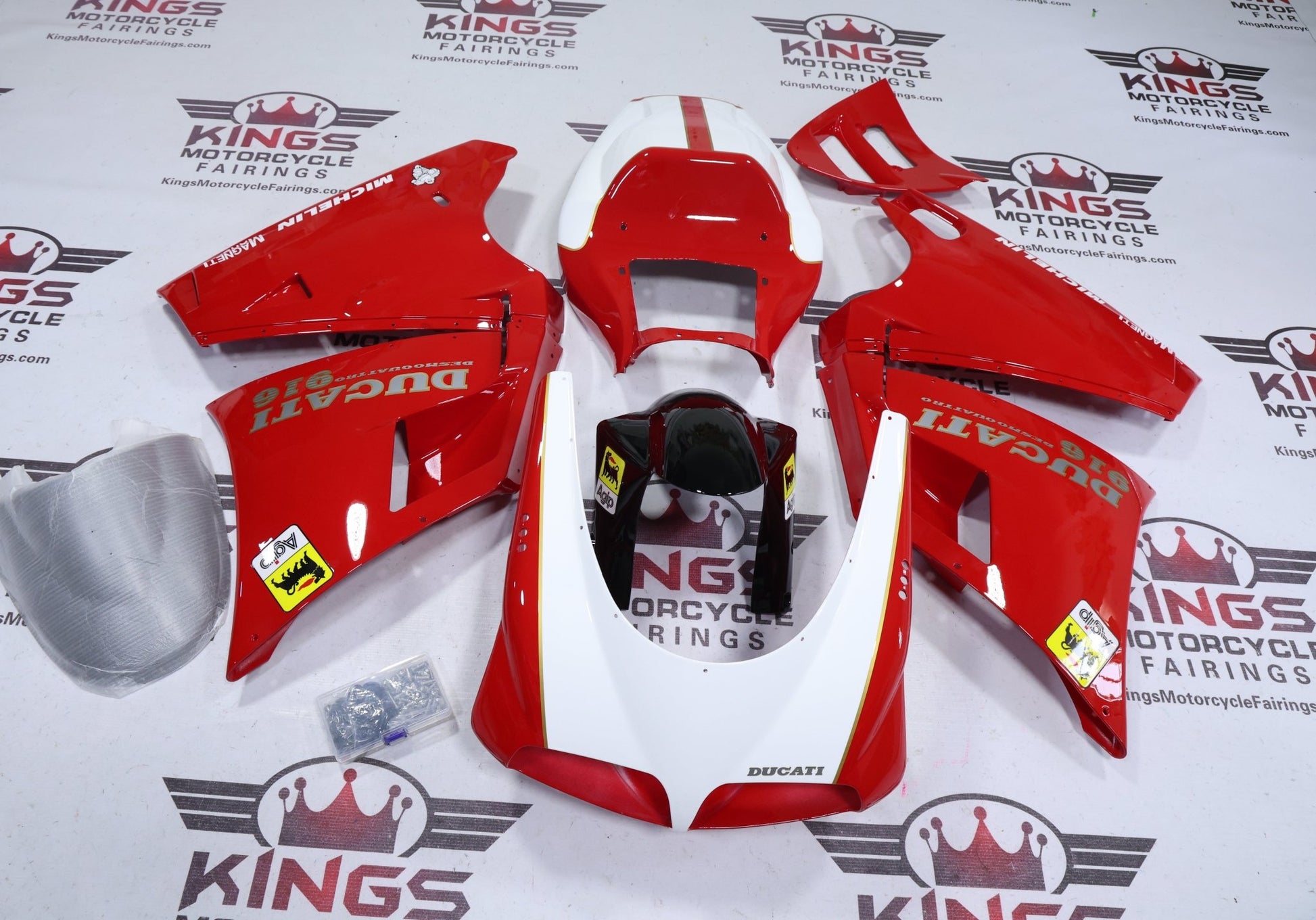 Fairings for Ducati 916 (1994-1999) Red, White, Black, Gold Pinstripe at KingsMotorcycleFairings.com