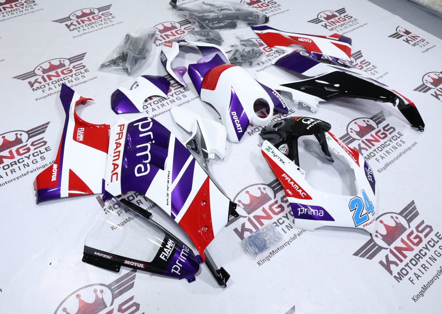 Fairings for Ducati Panigale V4 (2020-2021) White, Red, Purple Pramac at KingsMotorcycleFairings.com