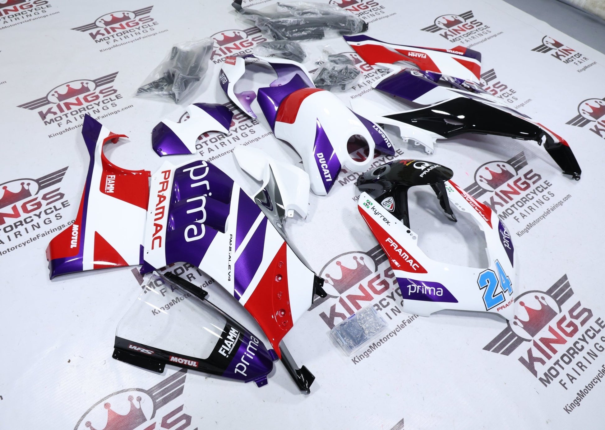 Fairings for Ducati Panigale V4 (2020-2021) White, Red, Purple Pramac at KingsMotorcycleFairings.com