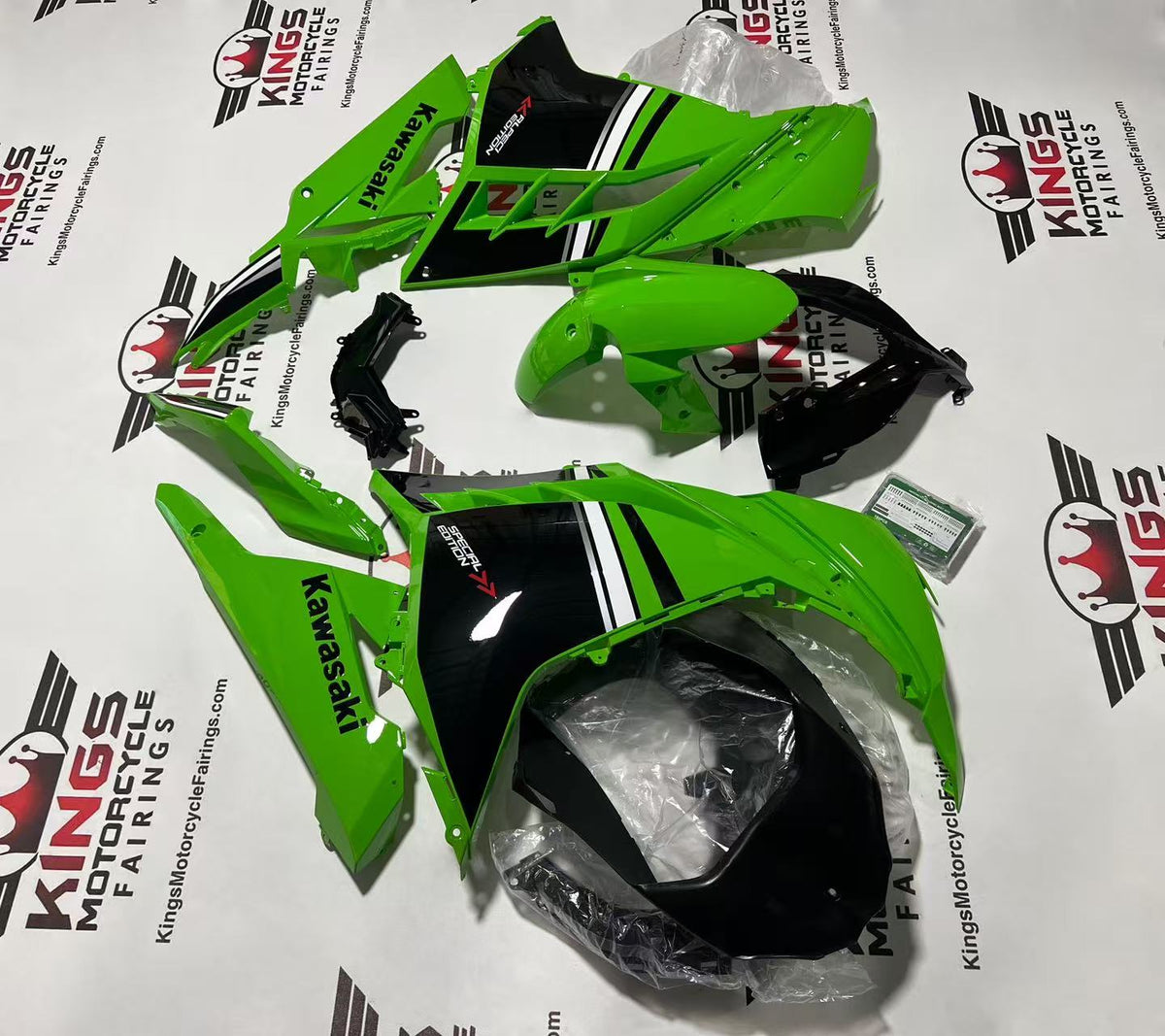 Fairings for Kawasaki Ninja 300 (2013-2024) Green, Black, White Special Edition at KingsMotorcycleFairings.com