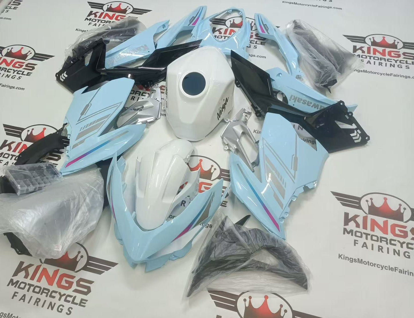 Fairings for Kawasaki Ninja 400 (2018-2023) Baby Blue, White at KingsMotorcycleFairings.com
