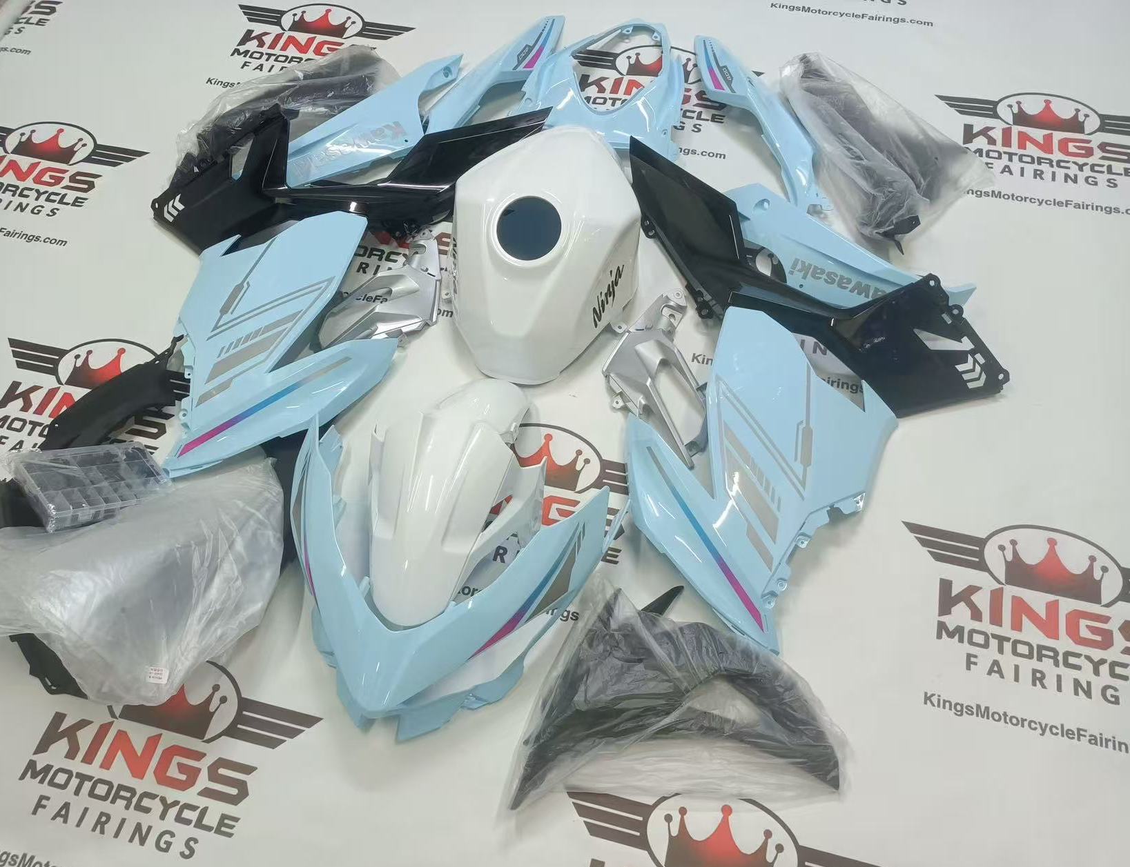 Fairings for Kawasaki Ninja 400 (2018-2023) Baby Blue, White at KingsMotorcycleFairings.com