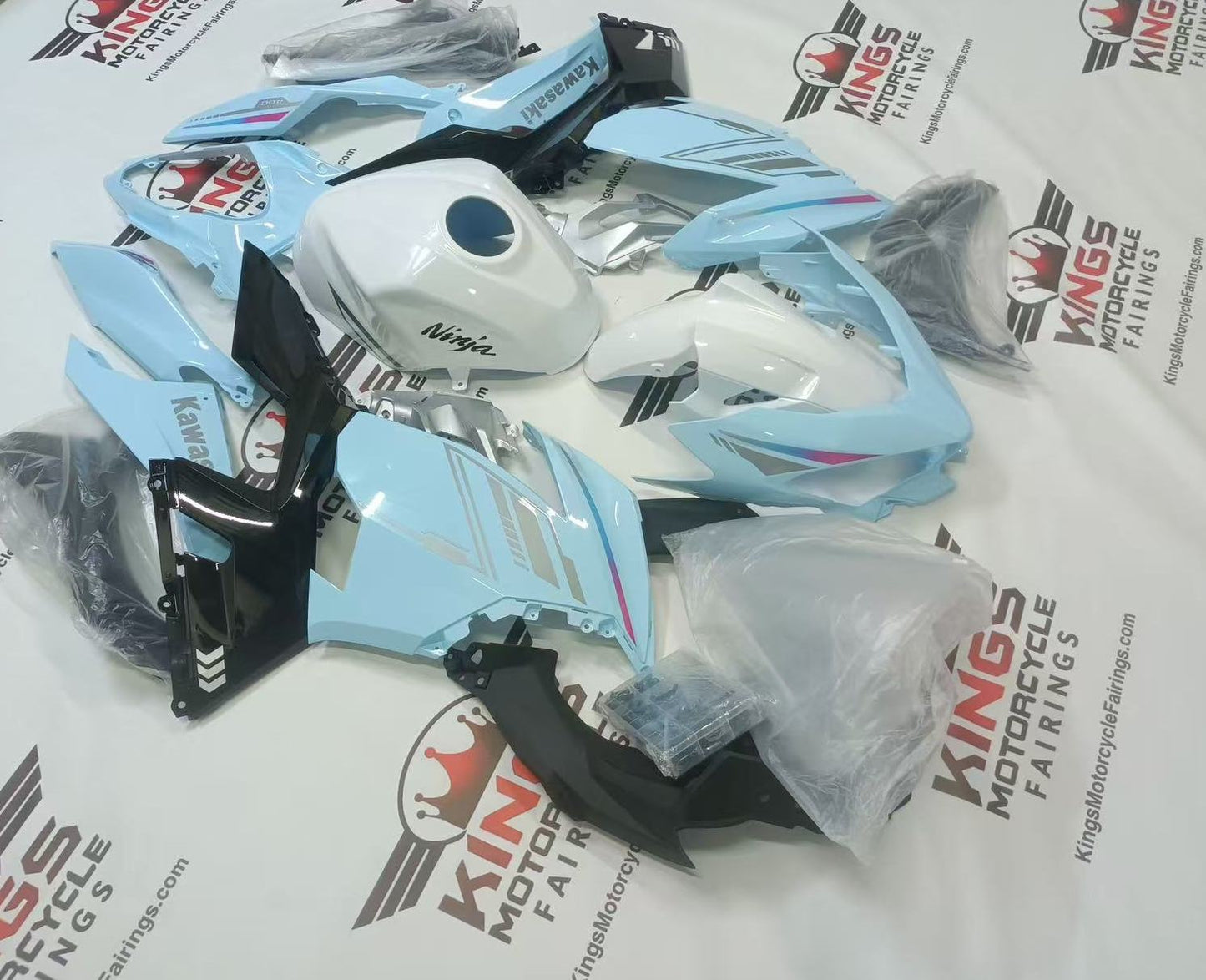 Fairings for Kawasaki Ninja 400 (2018-2023) Baby Blue, White from KingsMotorcycleFairings.com