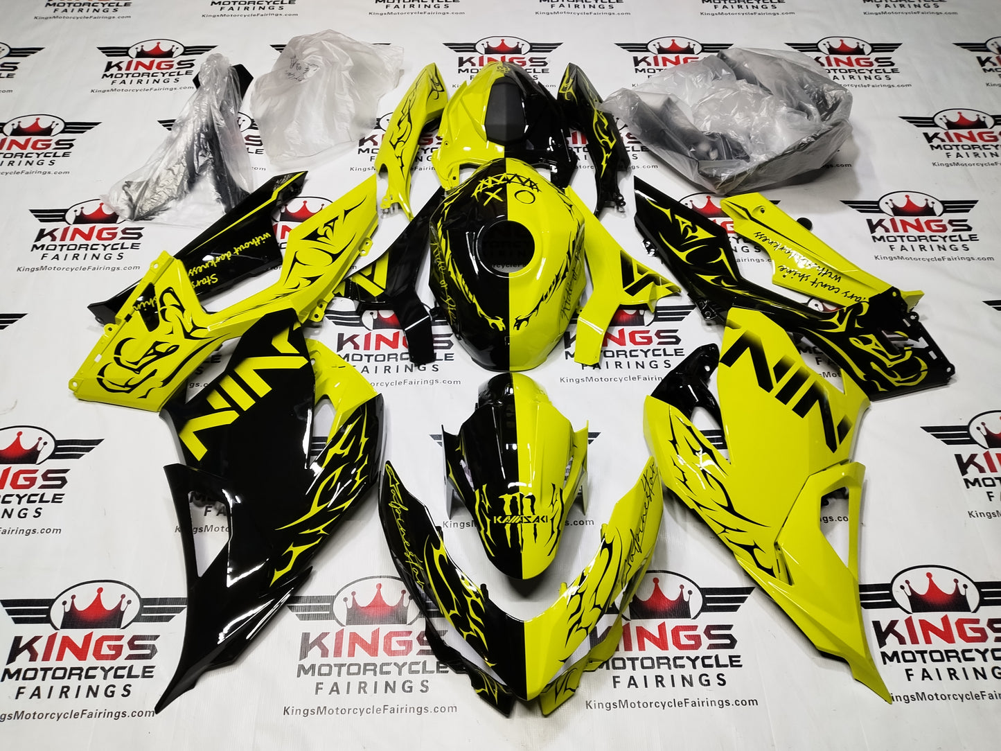 Fairings for Kawasaki Ninja 400 (2018-2023) Custom Neon Yellow, Black Split at KingsMotorcycleFairings.com