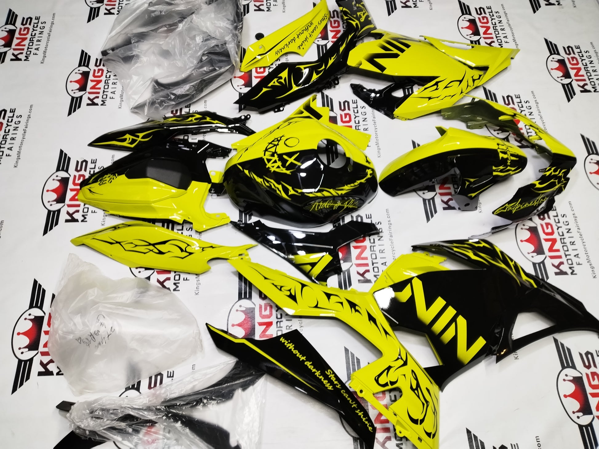 Fairings for Kawasaki Ninja 400 (2018-2023) Custom Neon Yellow, Black Split from KingsMotorcycleFairings.com