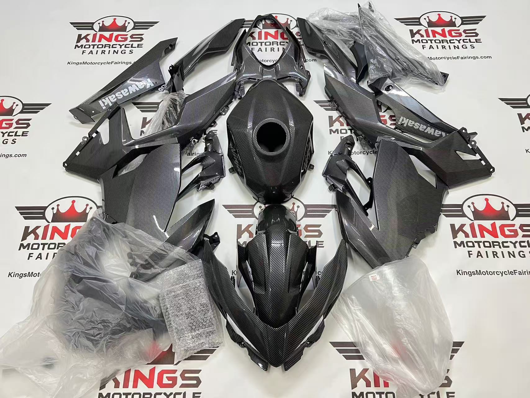Fairings for Kawasaki Ninja 400 (2018-2023) Faux Carbon Fiber, Silver at KingsMotorcycleFairings.com