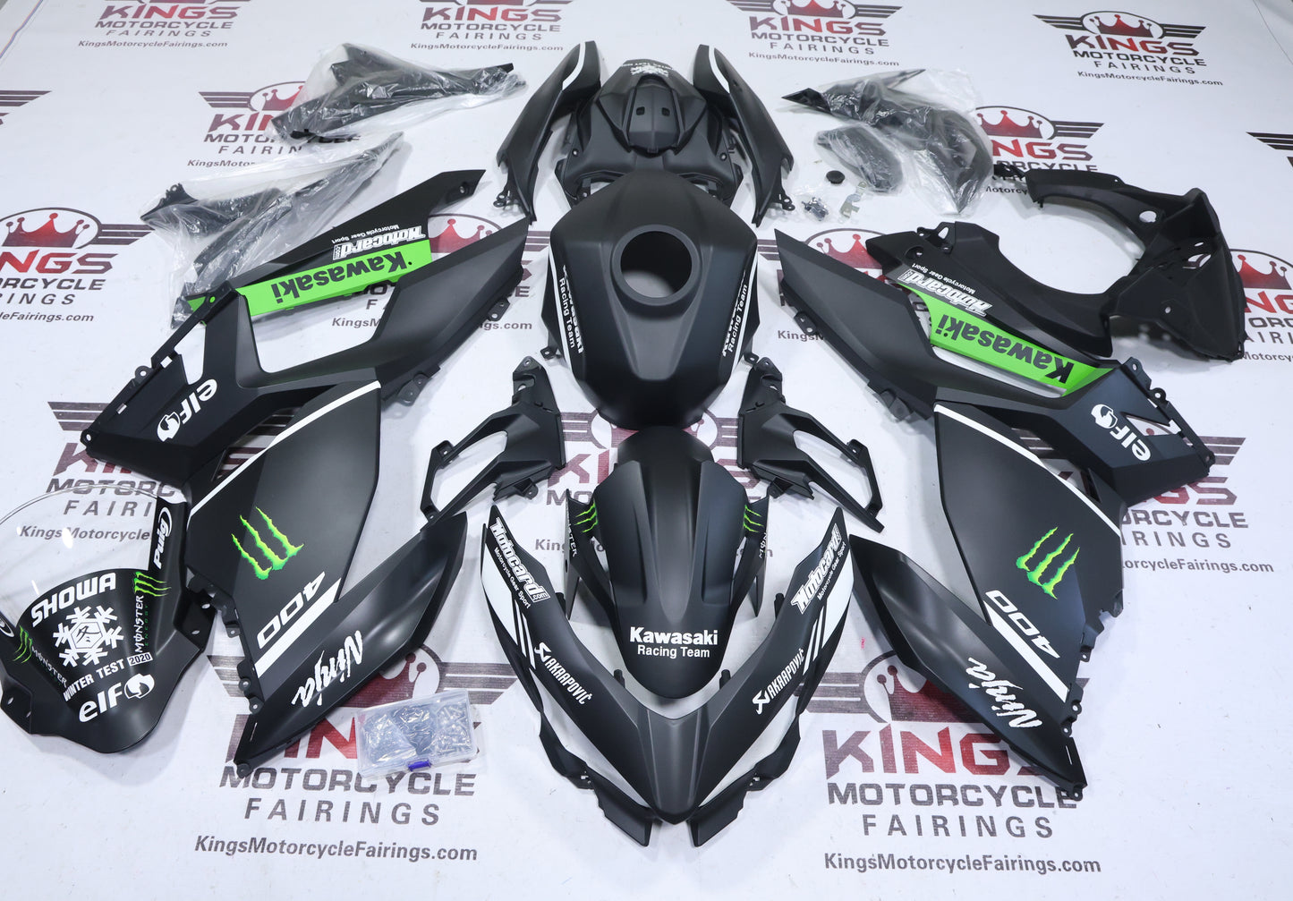 Fairings for Kawasaki Ninja 400 (2018-2023) Matte Black, White, Green, Elf at KingsMotorcycleFairings.com