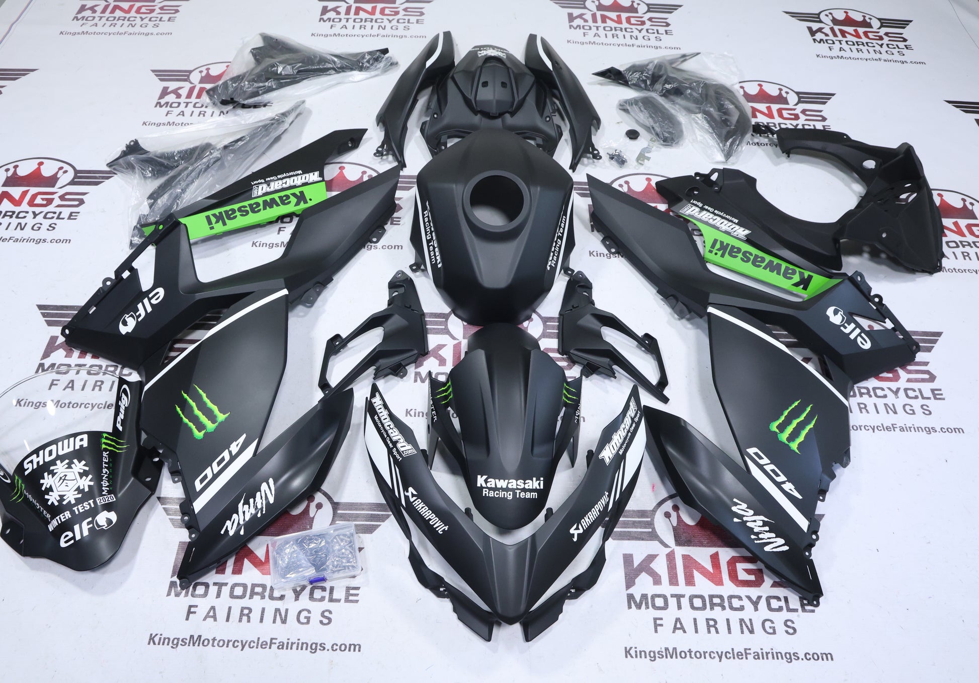 Fairings for Kawasaki Ninja 400 (2018-2023) Matte Black, White, Green, Elf at KingsMotorcycleFairings.com