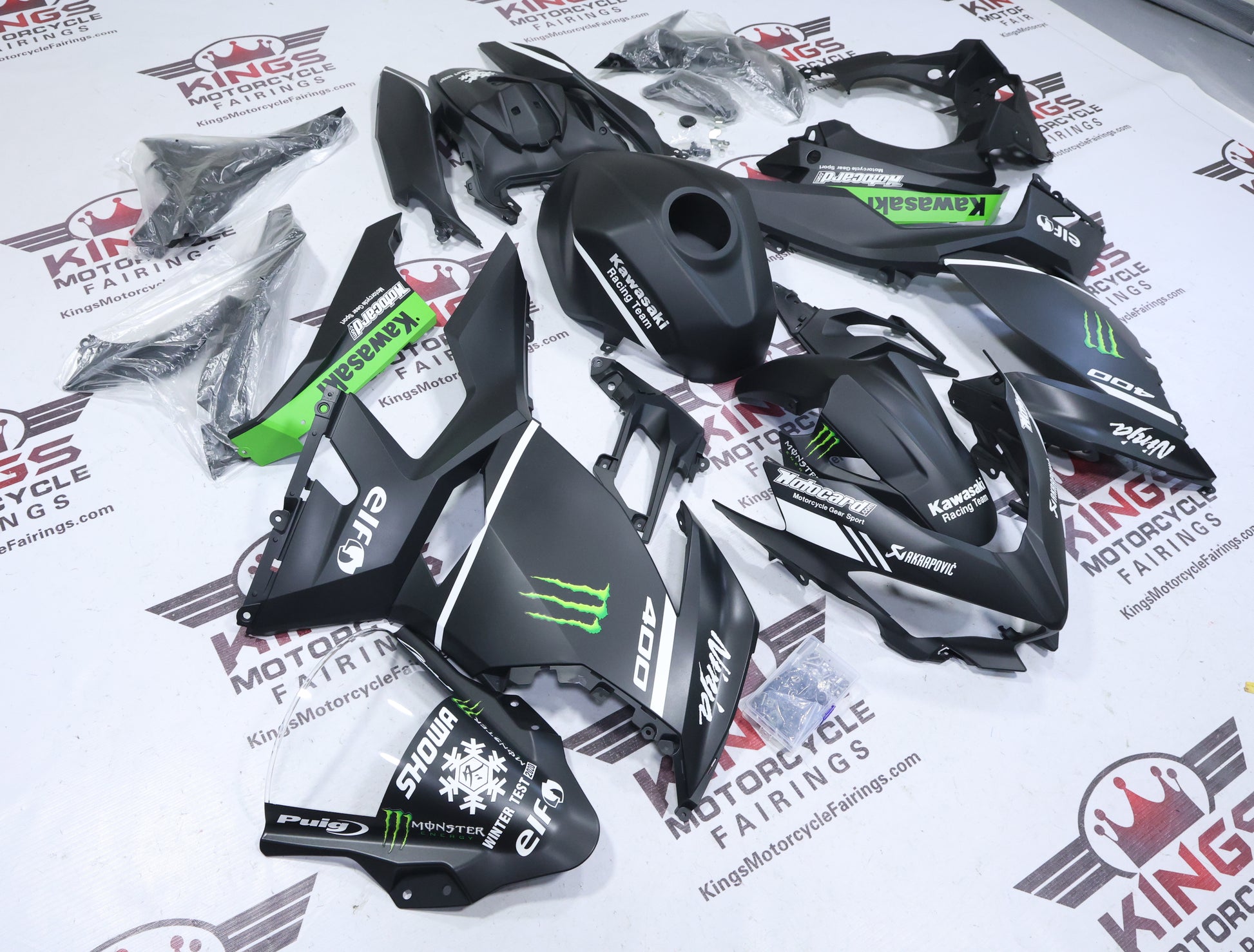Fairings for Kawasaki Ninja 400 (2018-2023) Matte Black, White, Green, Elf from KingsMotorcycleFairings.com