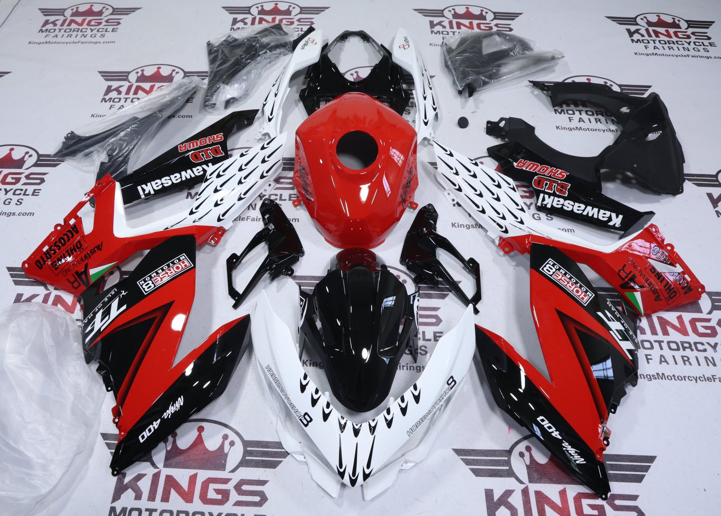 Fairings for Kawasaki Ninja 400 (2018-2023) White, Red, Black Arrows at KingsMotorcycleFairings.com