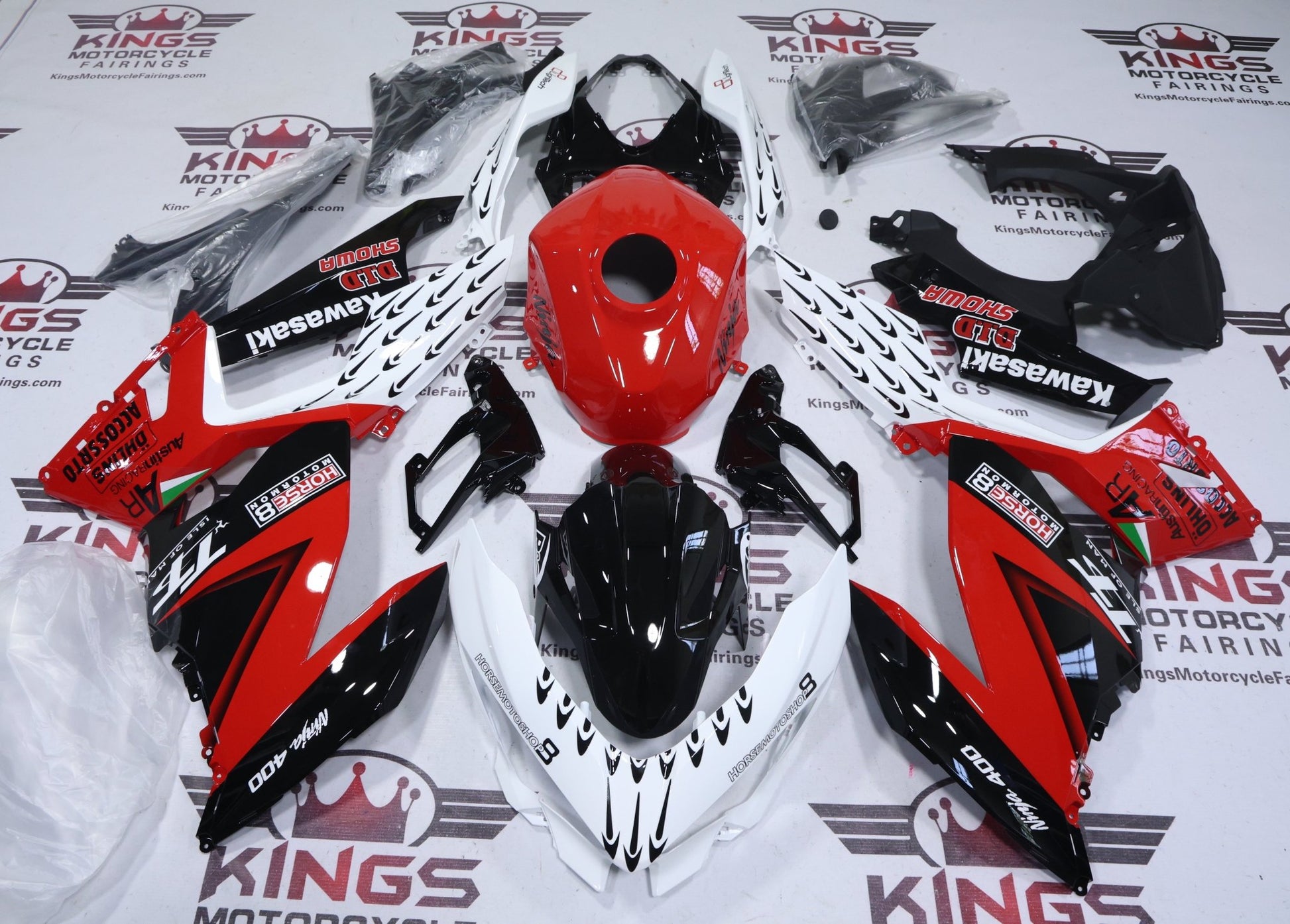 Fairings for Kawasaki Ninja 400 (2018-2023) White, Red, Black Arrows at KingsMotorcycleFairings.com